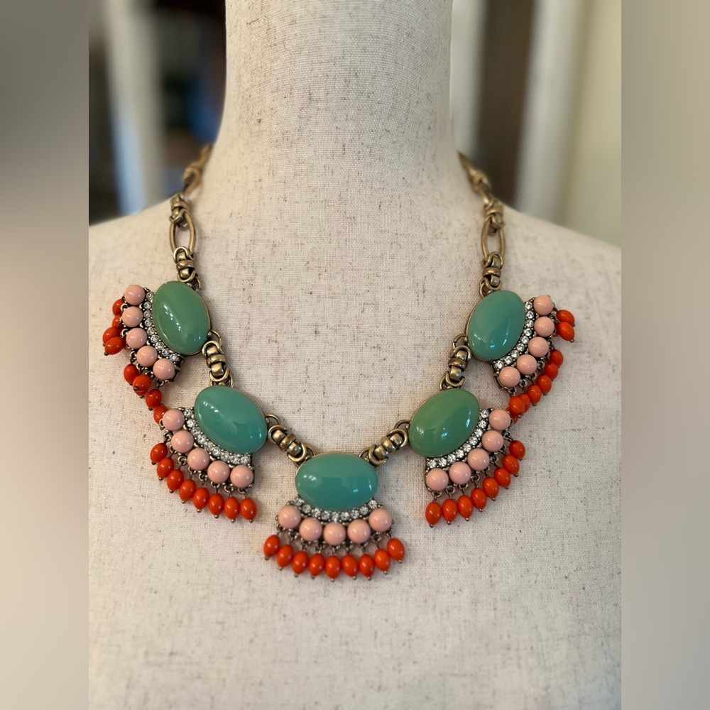 Vintage!! JCrew Turquoise, and Coral Necklace with Crystal and Gold Accents